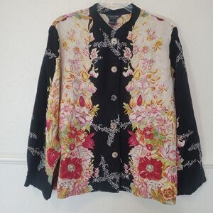 Citron Santa Monica Silk Floral Button Up Blouse Size 1X Silk Black Colorful